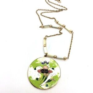 3/$30 VINTAGE PORCELAIN MEDALLION NECKLACE FLORAL GOLD TONE CHAIN BOHO ASIAN